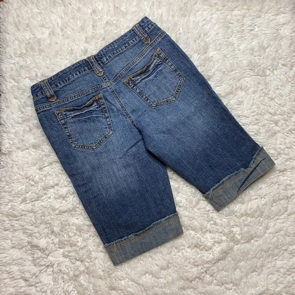 Bermuda Long Denim Shorts Capris Dark Wash W4